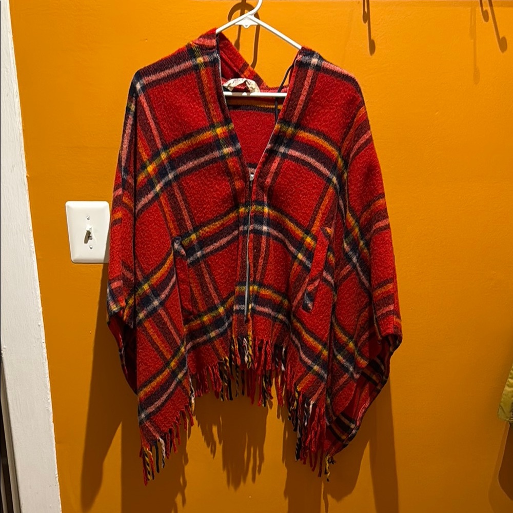 Red Plaid Poncho with Fringe